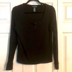 LAUREN RALPH LAUREN Large Black Ribbed Sweater Scoop Neck Popover Stretch Cotton